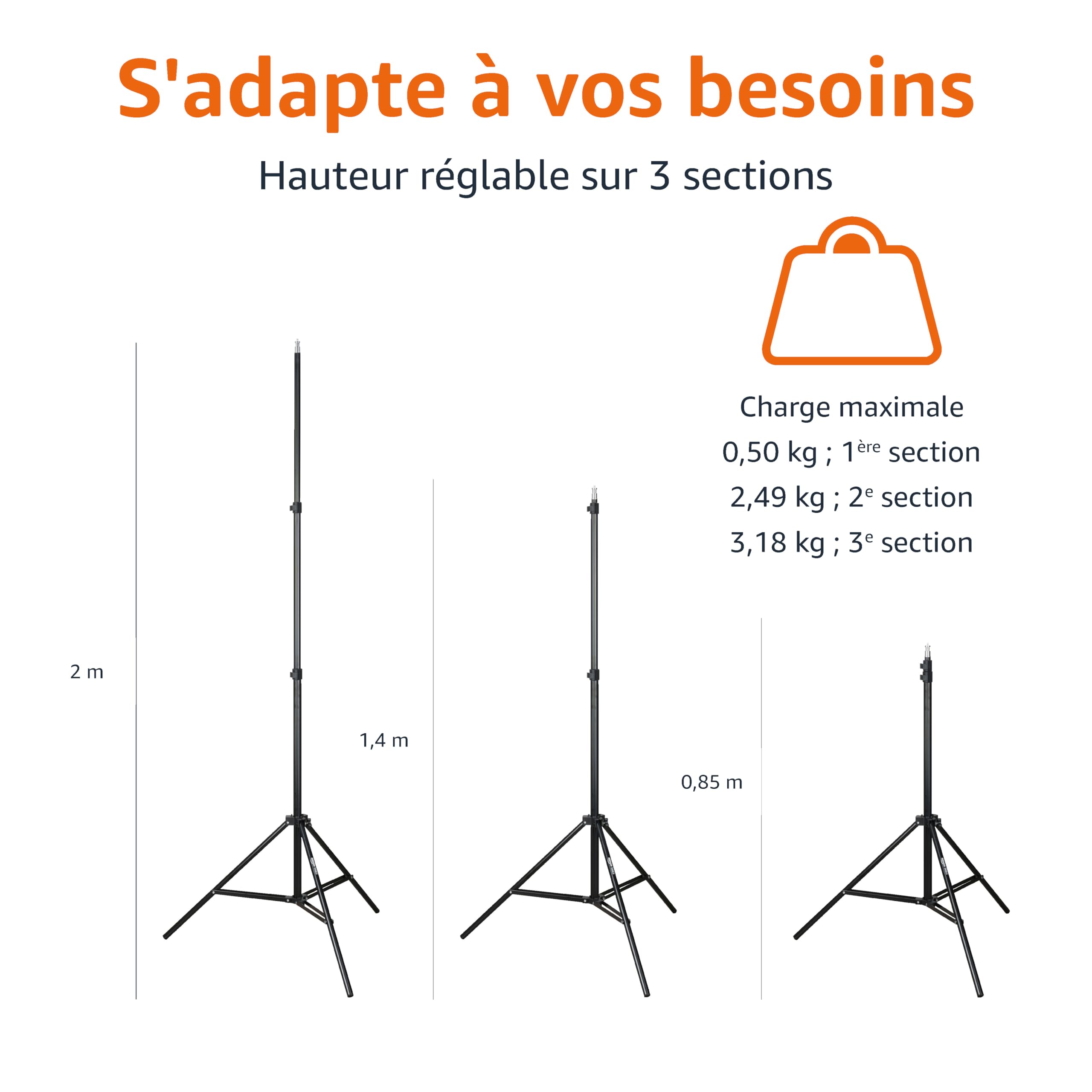 Amazon Basics 2x Support pour Éclairage en Aluminium de 2,04m avec Étui pour Studio et Photos en Extérieur, 821 g, Hauteur Réglable, Portable et Compact, Lot de 2 - Noir