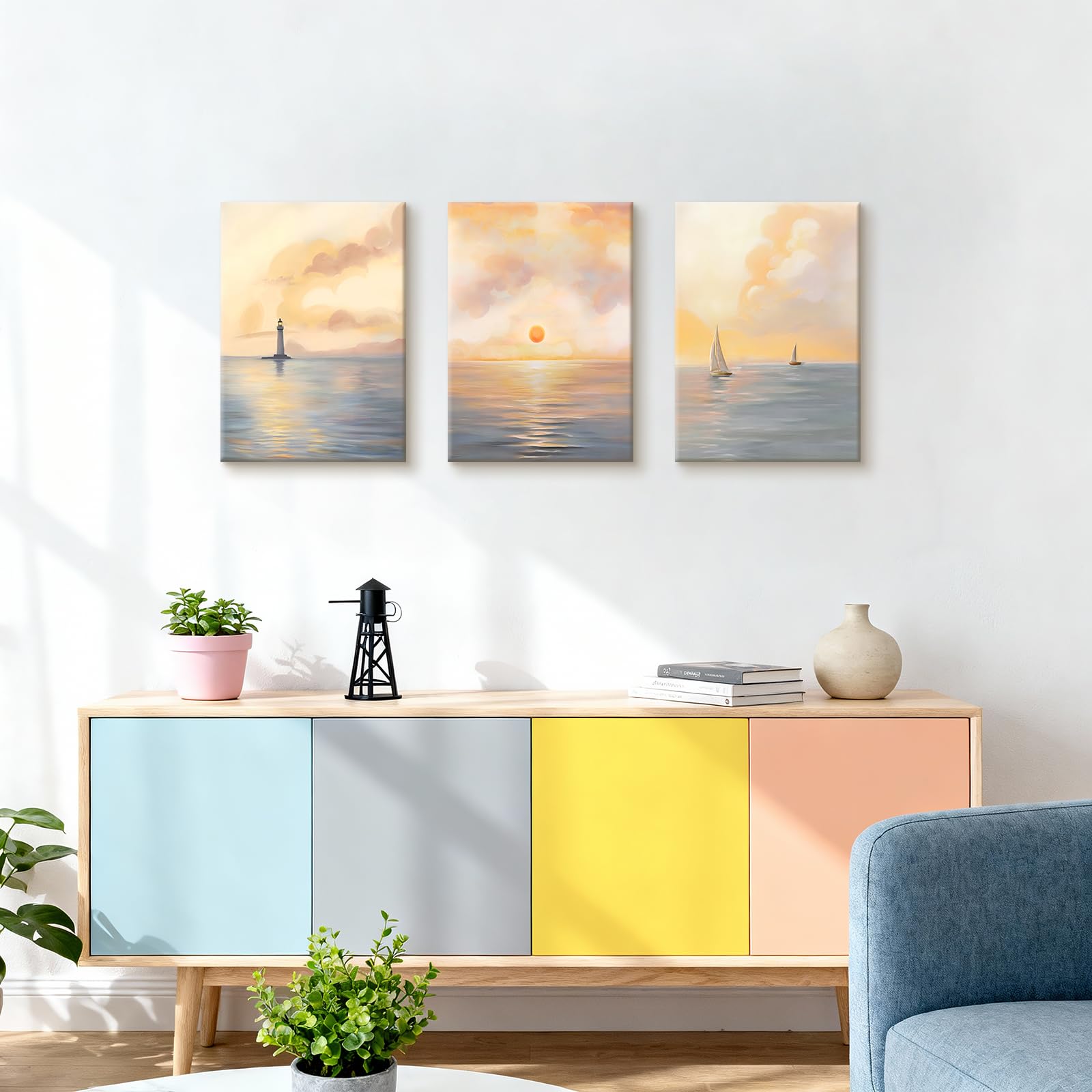 WENGTIAO 3 Pezzi Stampa su Tela Oceano Alba Incorniciato, Quadro su Tela Faro Barca a Vela in Mare Paesaggi Murali Pittura per Quadri Moderni Soggiorno Camera da Letto Decorazioni Parete 30x40cmx3