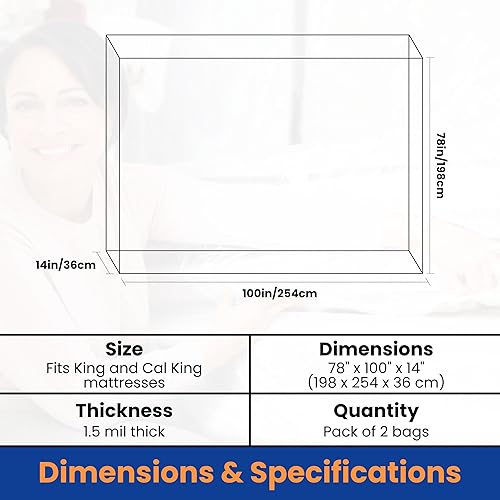 Miniatura 4 de VICMORE Paquete de 2 bolsas de colchón King para mudanza, almacenamiento y eliminación, funda de colchón de plástico transparente de 1.5 mil, 78 x