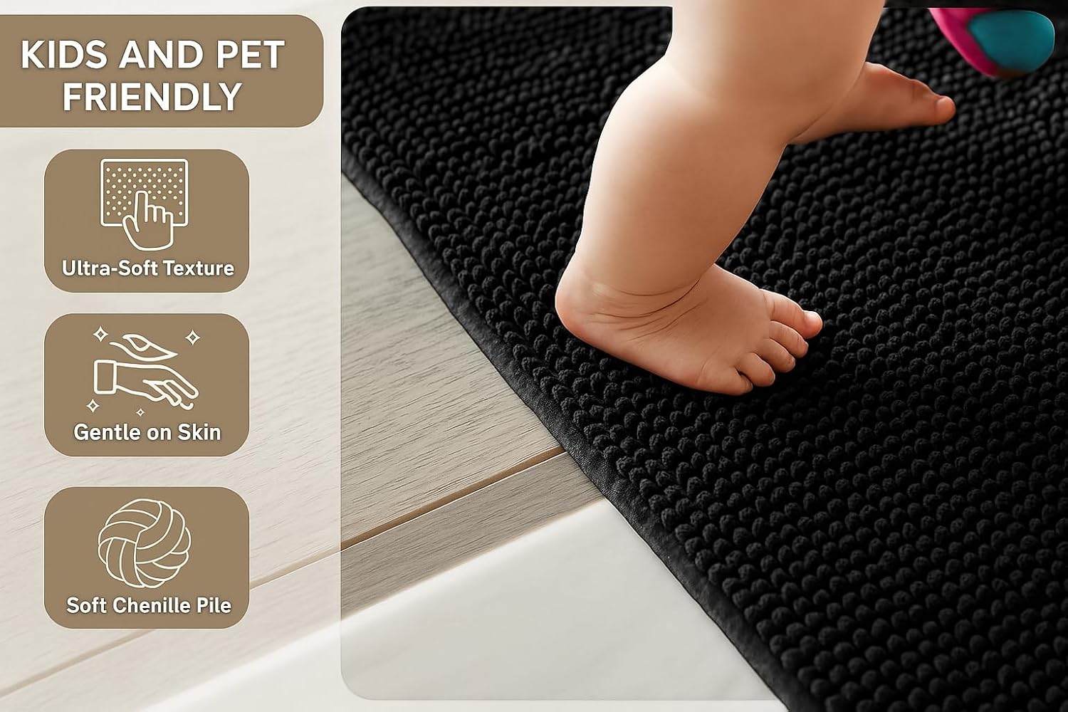 Softstep Premium Luxury Bathroom Rugs 36 x 24, Extra Soft Absorbent Bath Mat, Quick Dry Bath Rugs, Chenille Machine Washable Non-Slip Carpet, Mats For Tub & Shower, Home Decor Accessories, Plush Black