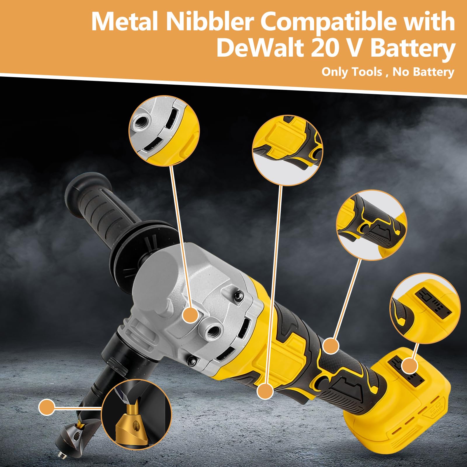 Grignoteuse de métal sans fil compatible avec batterie DeWalt 20V, cisaille électrique sans balais pour métal à 1900 tr/min,tête grignoteuse réglable à 3 vitesses rotative 360°(sans batterie)