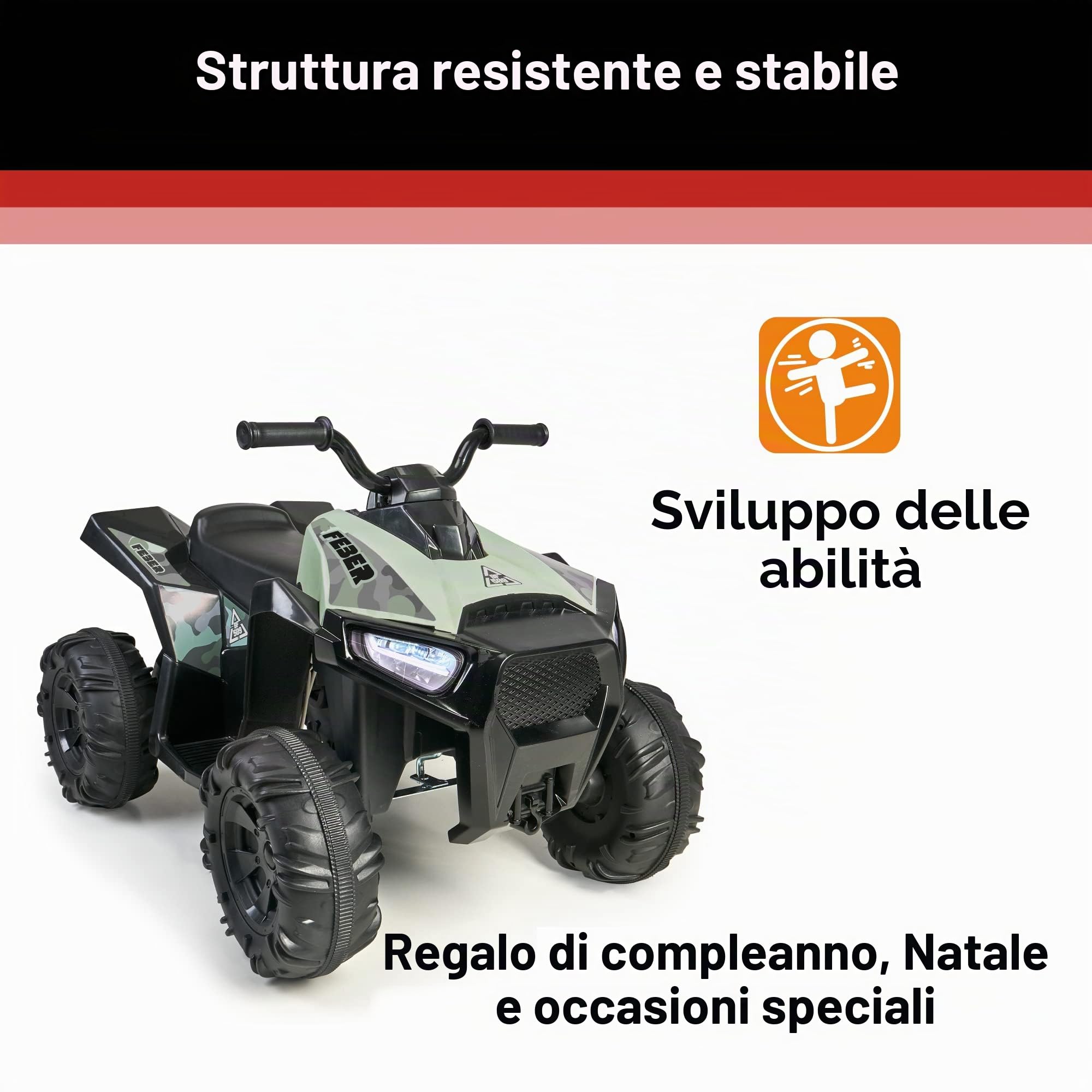 FEBER - Quad Boxer 12V, un posto, elettrico, con ruote larghe per maggiore stabilità e velocità massima 5 km/h, per bambine/i dai 3 anni, Famosa (FEN03000)