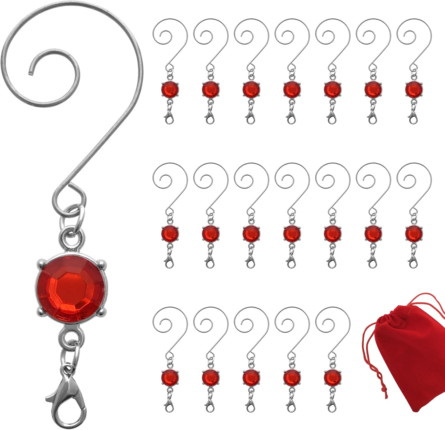 Christmas Ornament Hooks - Red Crystal Gem in Jewelry Style Setting - Set of 40 - Silver Wire Decorative Swirl S-Hooks with Lobster Claw - 3" L