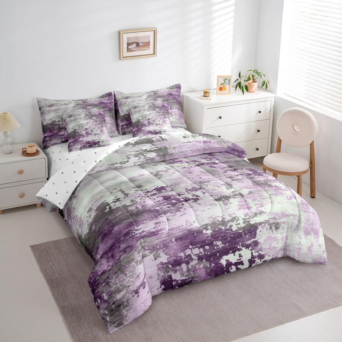 Erosebridal Watercolor Comforter Set 7 Pcs,Modern Abstract Bedding Set for Girls Boys Kids Teens,Ombre Gradient Tie Dye Batik Sheet Set,Gradient Grunge Artwork Quilted Duvet (Lilac Grey,Twin)