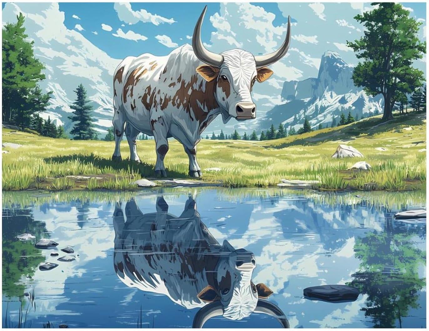 Wild Bull Cow White And Brown Printed Diamond 5D Painting Kit 16x20in DIY Full Drill Craft with Tools for Home Wall Decor Gift Blackwood 50 * 40cm