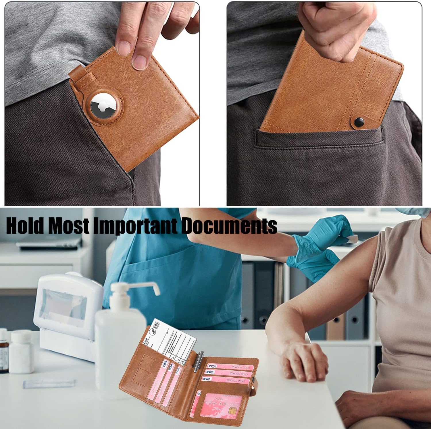 Leather Passport Wallet with AirTag Holder, RFID Card Holder, Pen Holder & Keychain - Multiple Card Slots