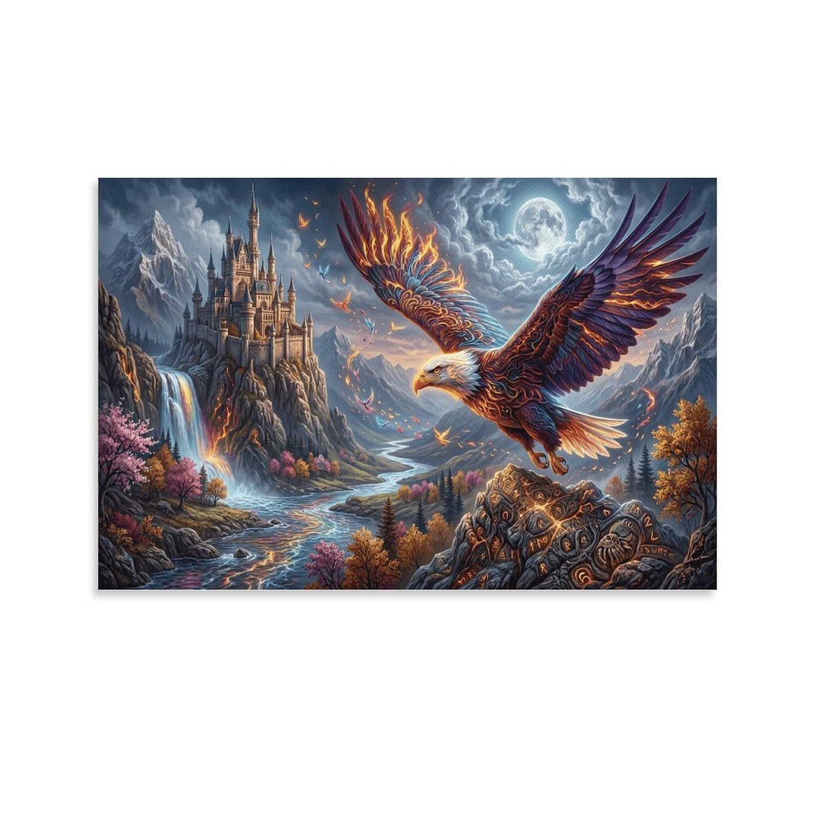 XPASHIQWC Flame Eagle Poster Artwork Moonlit Waterfall Castle Giclee Canvas Prints Modern Wall Art Picture Wall Hanging for Home Decorations 20x30inch(50x75cm)