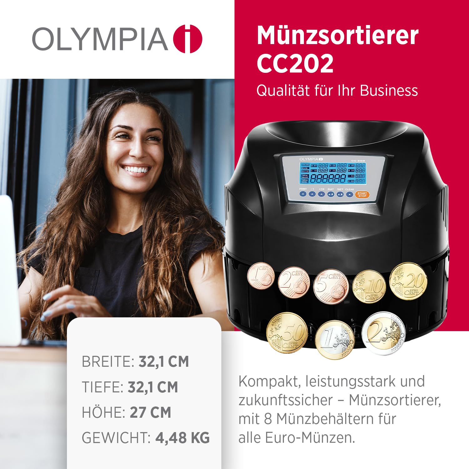 OLYMPIA CC 202 Münzsortierer | Geldzählmaschine für Münzen | Münzzähler & Sortierer für Euro-Münzen | Elektronischer Kleingeld Zähler mit LCD-Display | Zählmaschine mit Additionsfunktion & Bündelung