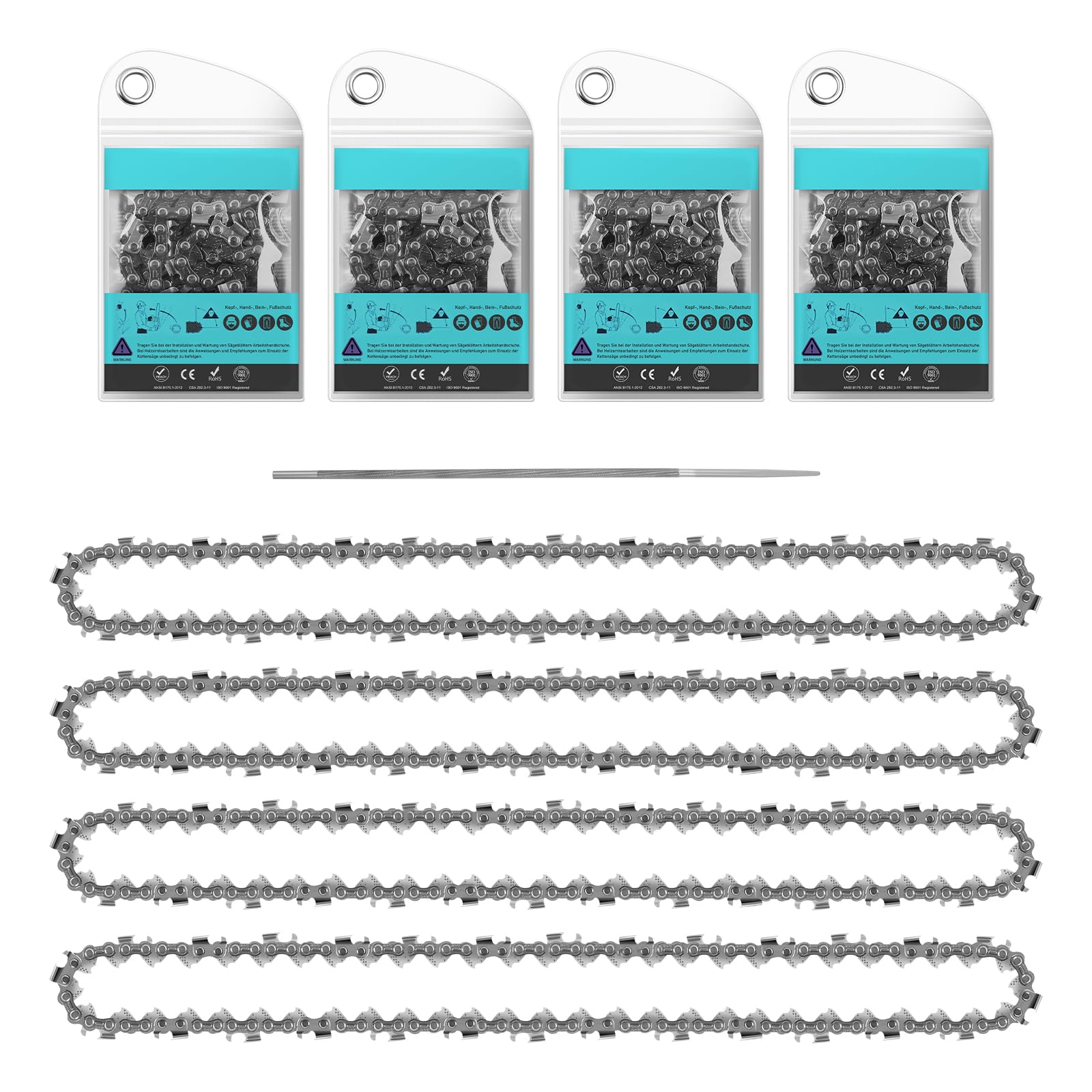 Chaîne de scie 3/8 LP 1.3mm 56 TG de 40 cm lot de 4 avec lime pour tronçonneuse