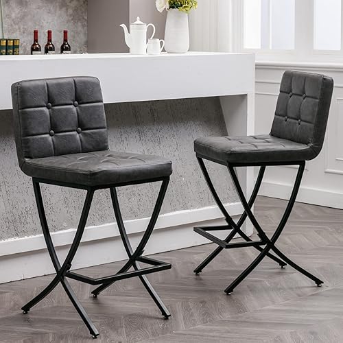 Juego de 2 taburetes de bar modernos, taburetes de bar tapizados de 26 pulgadas con piel sintética y patas de metal negro para el hogar, bar, isla