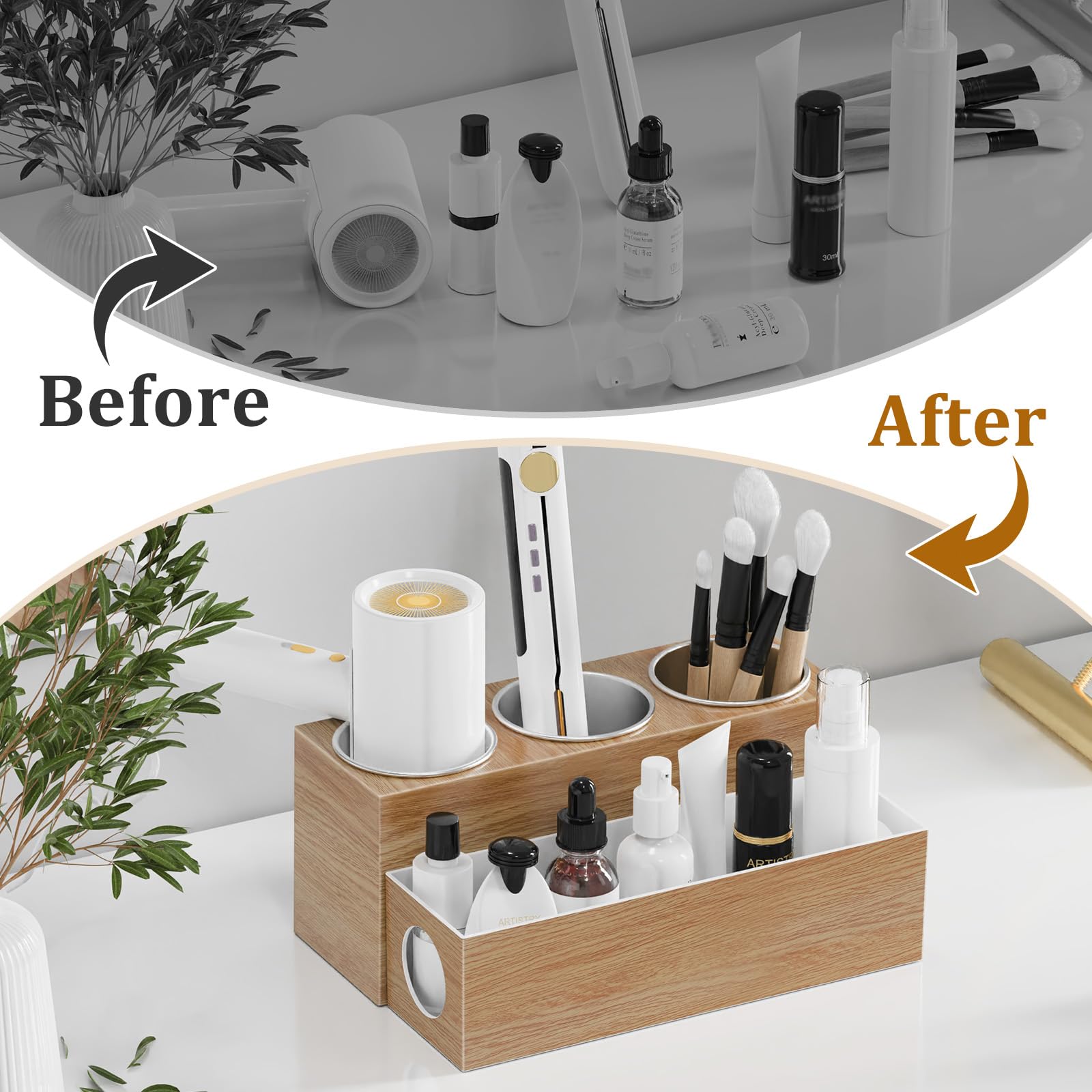 BYUNER Organizzatore per strumenti per capelli, supporto per asciugacapelli, per tavolo da toeletta, asciugacapelli e piastra per bagno, supporto portaoggetti (venature del legno)