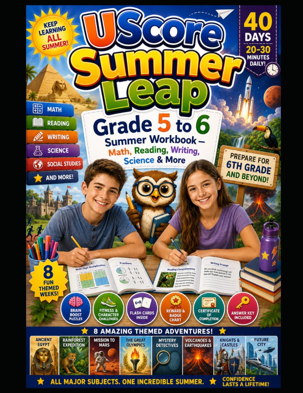 UScore Summer Leap: Grade 5 to 6 Summer Workbook — Math, Reading, Writing, Science & More