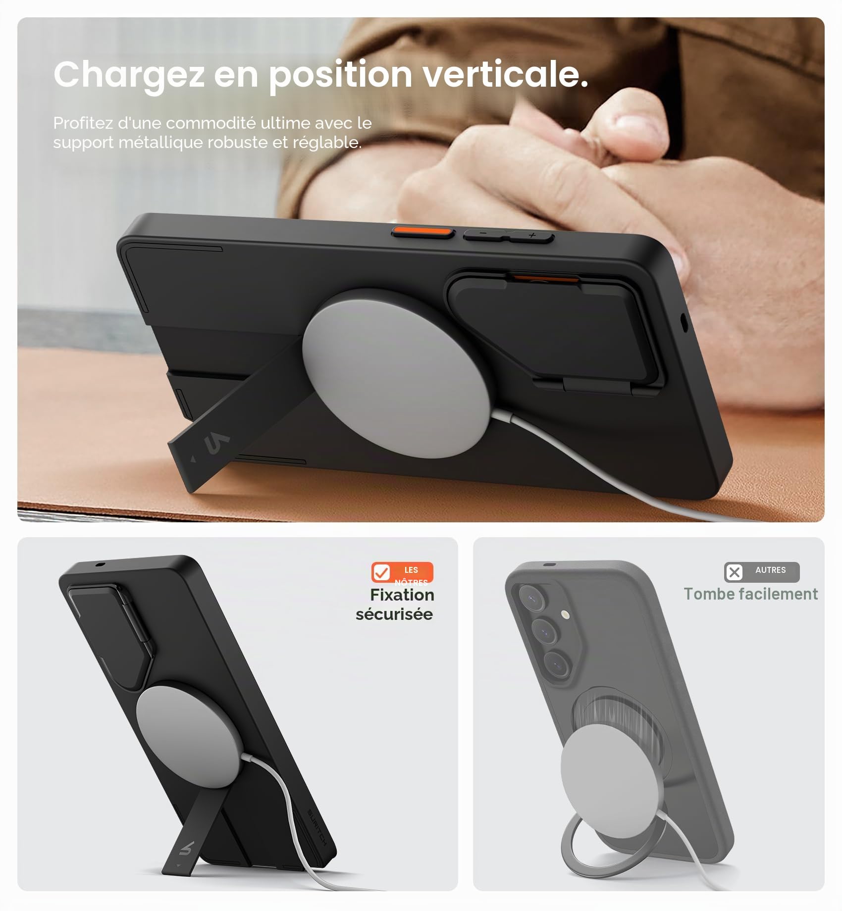SURITCH Magnétique Coque Compatible avec Samsung Galaxy S26 Ultra avec Couvercle de Caméra et Support Métallique Résistante aux Chocs Housse de Protection-Noir