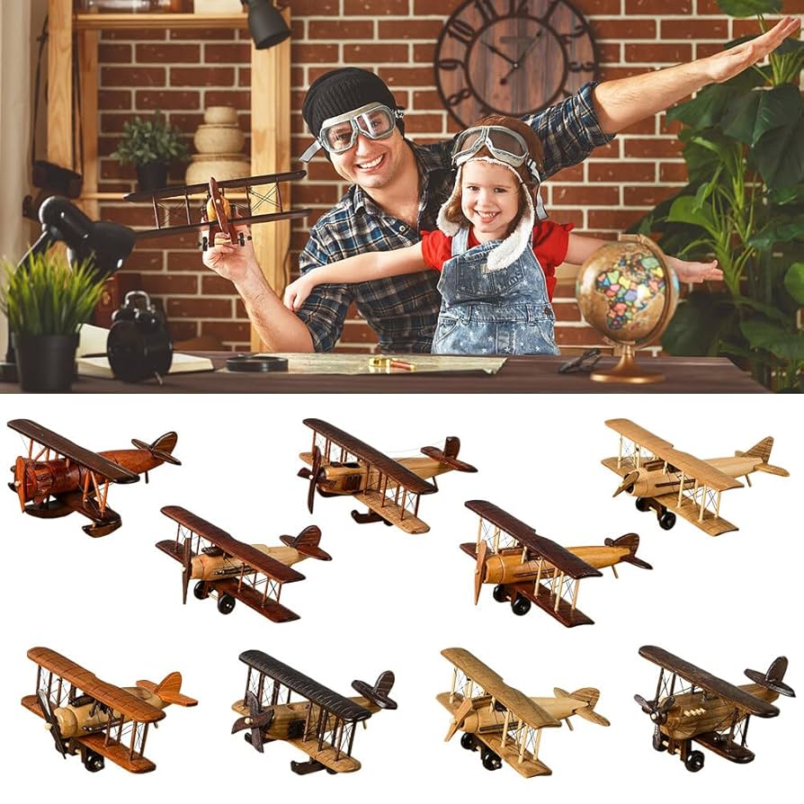 Uposao Retro Vintage Plane Handmade Wooden Mini Biplane Toy