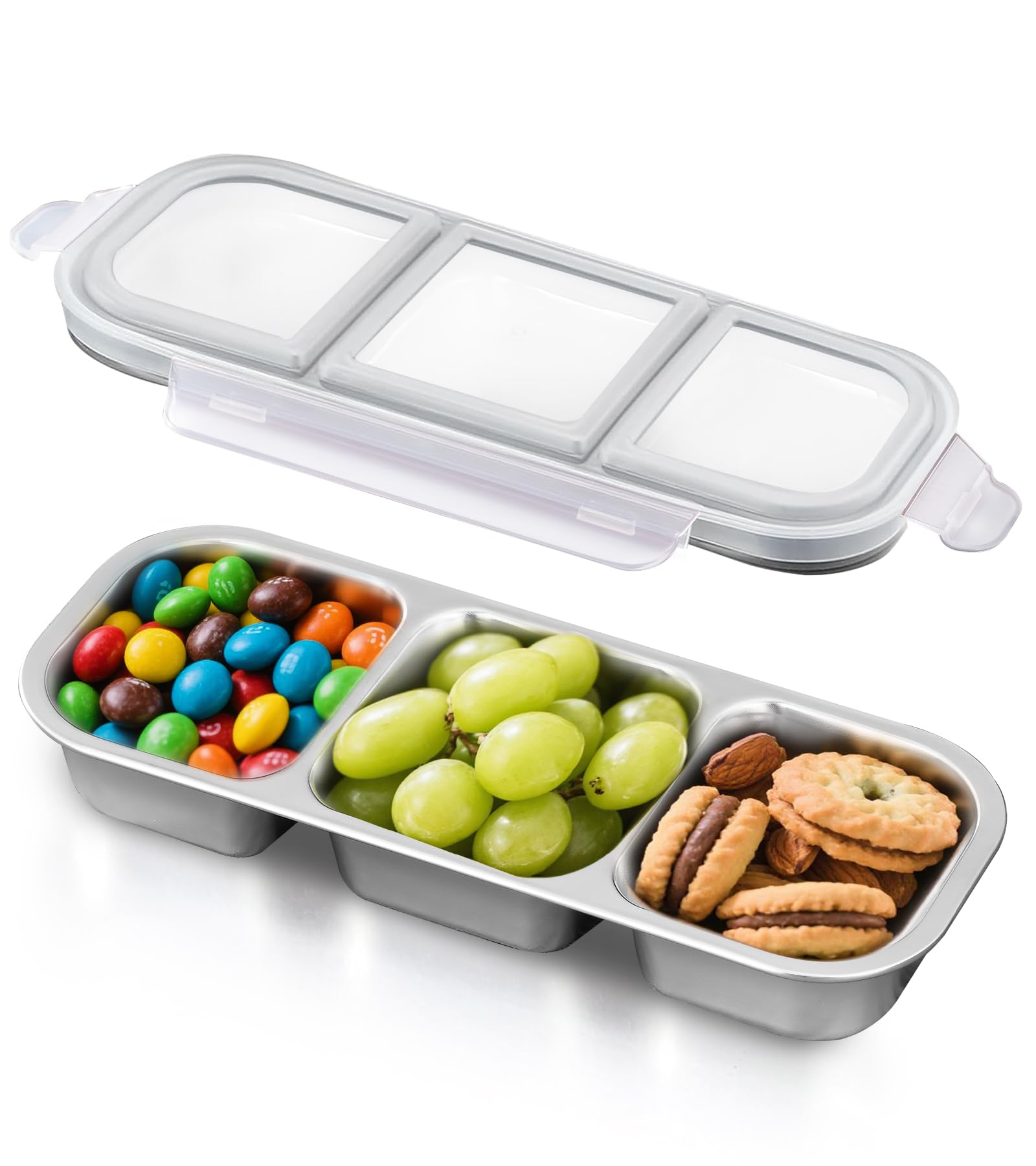 Ugotit Snack Box with Compartments, 3 Compartments Stainless Steel Bento Box, Reusable Food Storage Containers with Airtight Lid for Adult (Gray, 600ml)