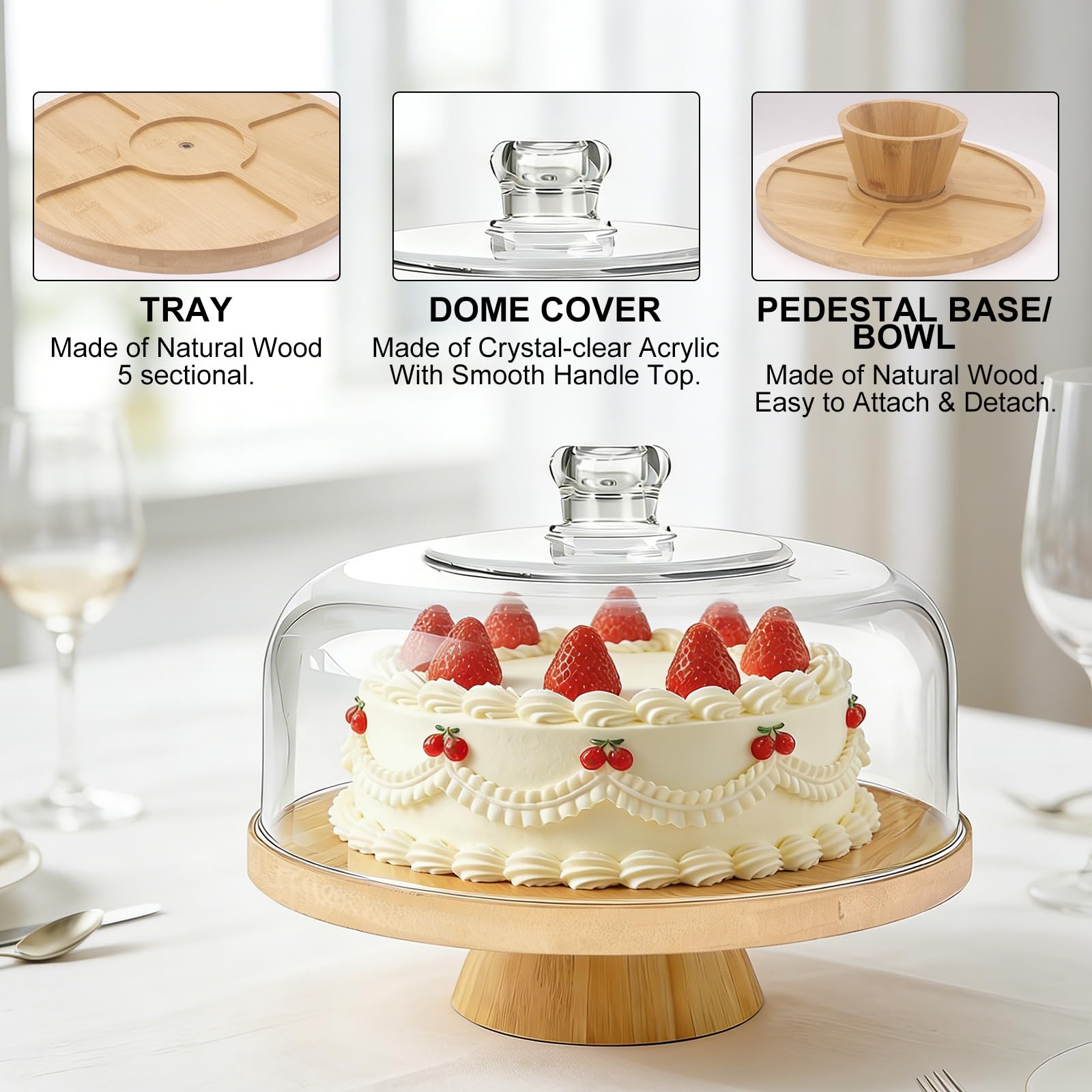 Tortenplatte mit Deckel,Kuchenständer aus Bambus und Holz,Tortenständer mit Fuß,2-in-1 Dessert-Display-Set & Charcuterie-Brett für Hochzeiten, Partys, Bäckereien