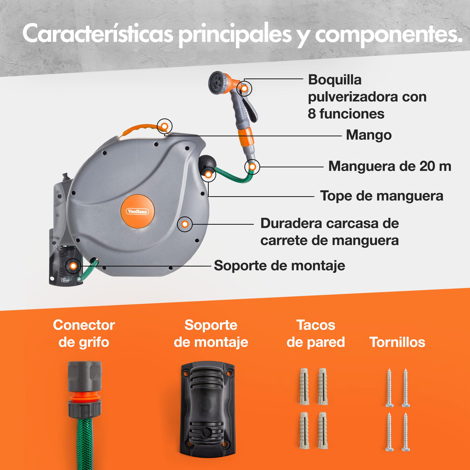VonHaus Enrollador de Manguera de 20 m: Enrollador de Manguera de pared para Jardín, Retráctil, con Bloqueo Automático, incluye Accesorios de Montaje y pistola rociadora con 8 funciones