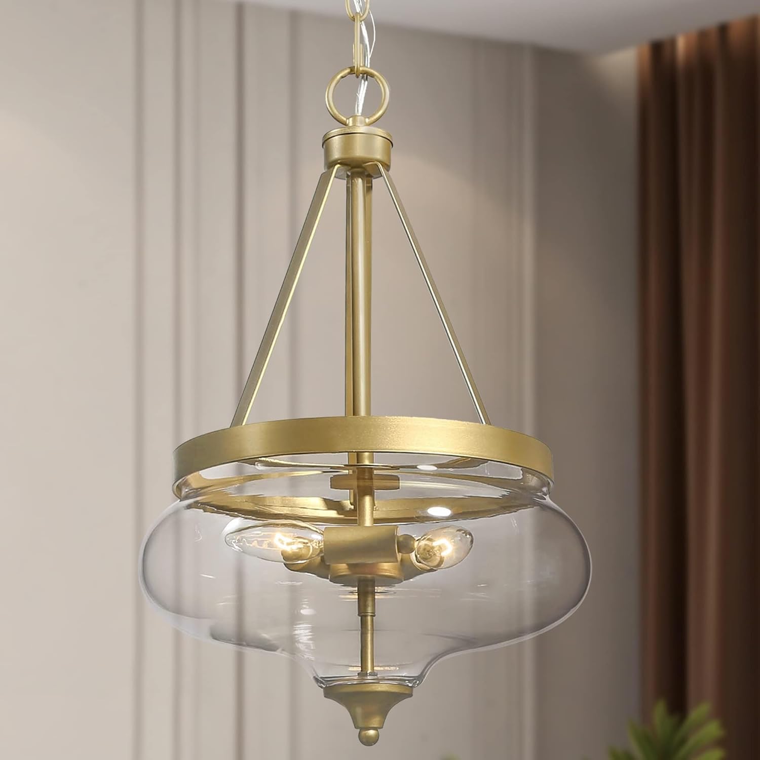 KSANA Modern Gold Chandelier, 3 Light Dining Room Light Fixture with Fishbowl-Shaped Glass Kitchen Island Lighting for Entryway, Foyer, Living Room