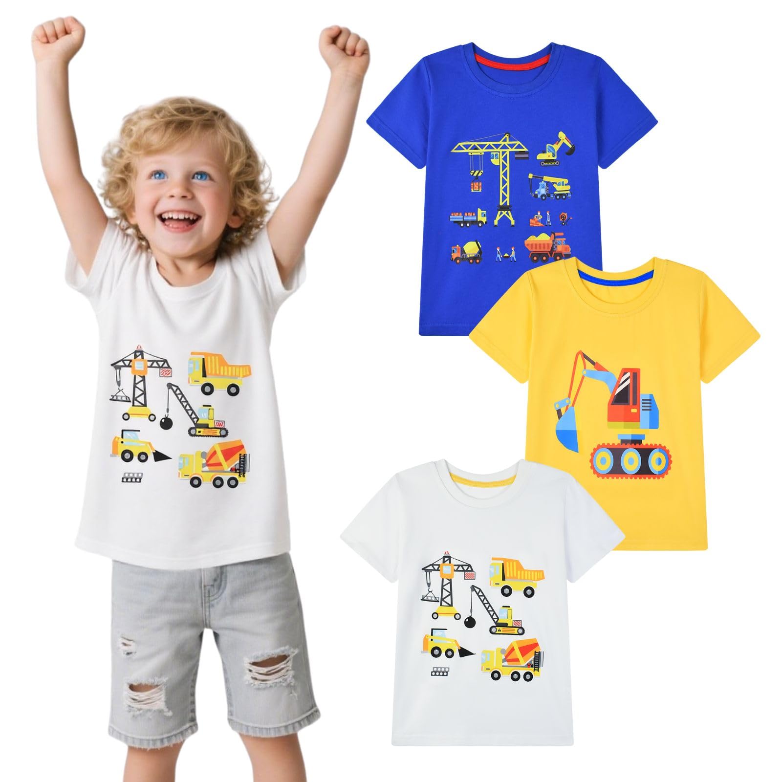 HILEELANG Toddler Boy Short Sleeve Tee Shirts Summer Cotton Casual Graphic Crewneck Tshirt Packs