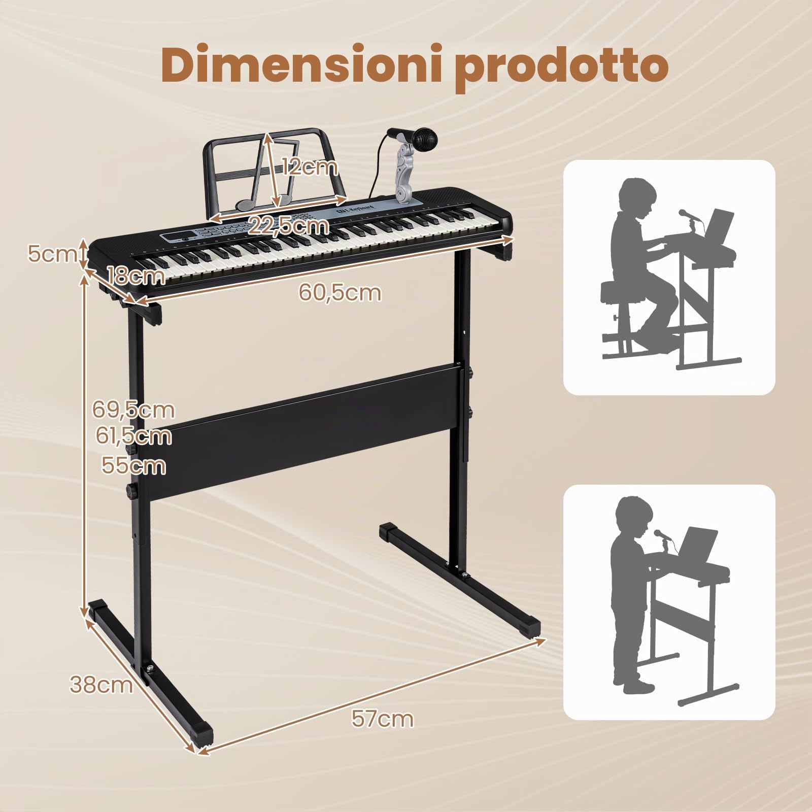 FANTASK Pianoforte digitale a 61 tasti, tastiera per bambini con supporto regolabile, microfono e leggio, pianoforte elettronico per bambini con suoni, demo e ritmi, per bambini dai 3 anni in su, nero