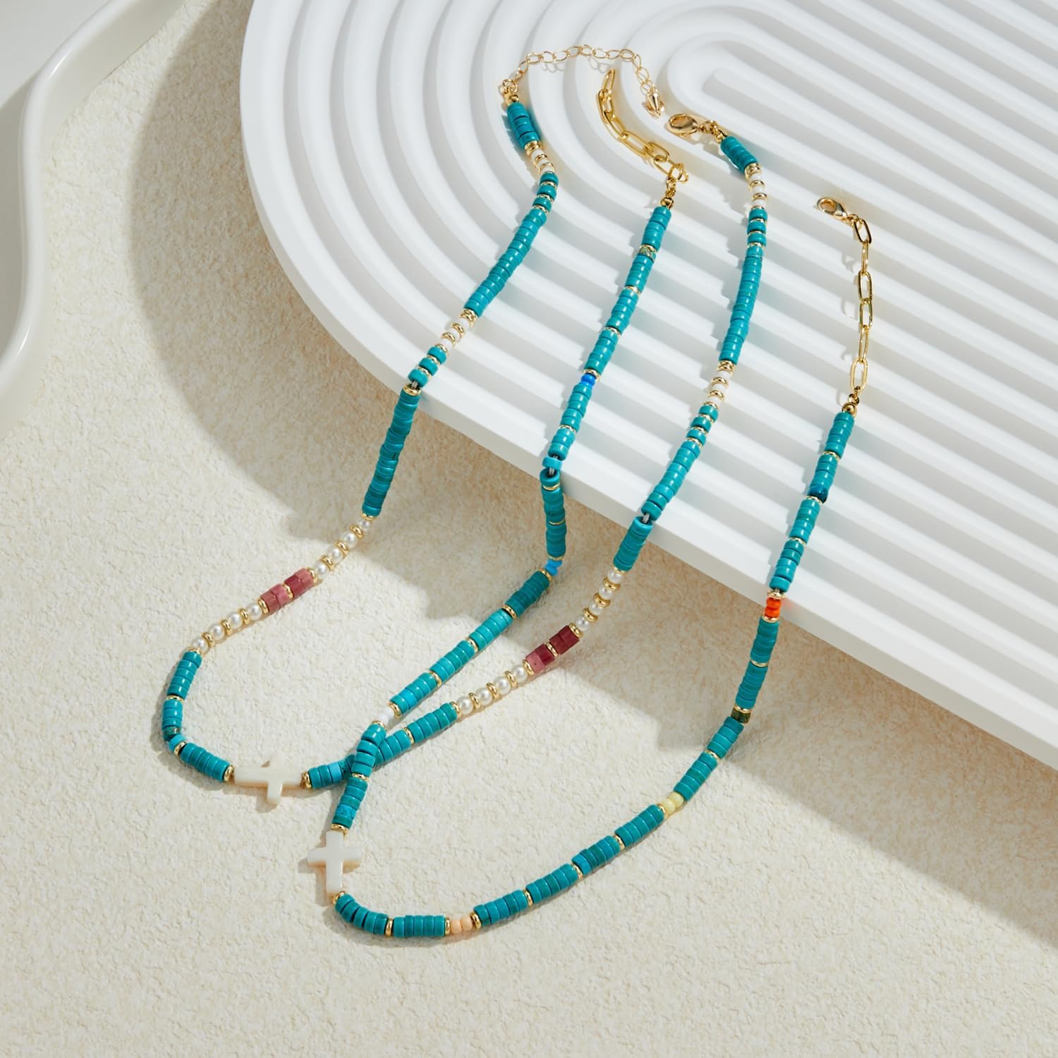 Cross Necklaces for Women Beaded Necklace Turquoise Beads Beaded Boho Choker Natural Stone Faith Pendant Gemstone Necklaces Choker Jewelry Style 1 - Image 5