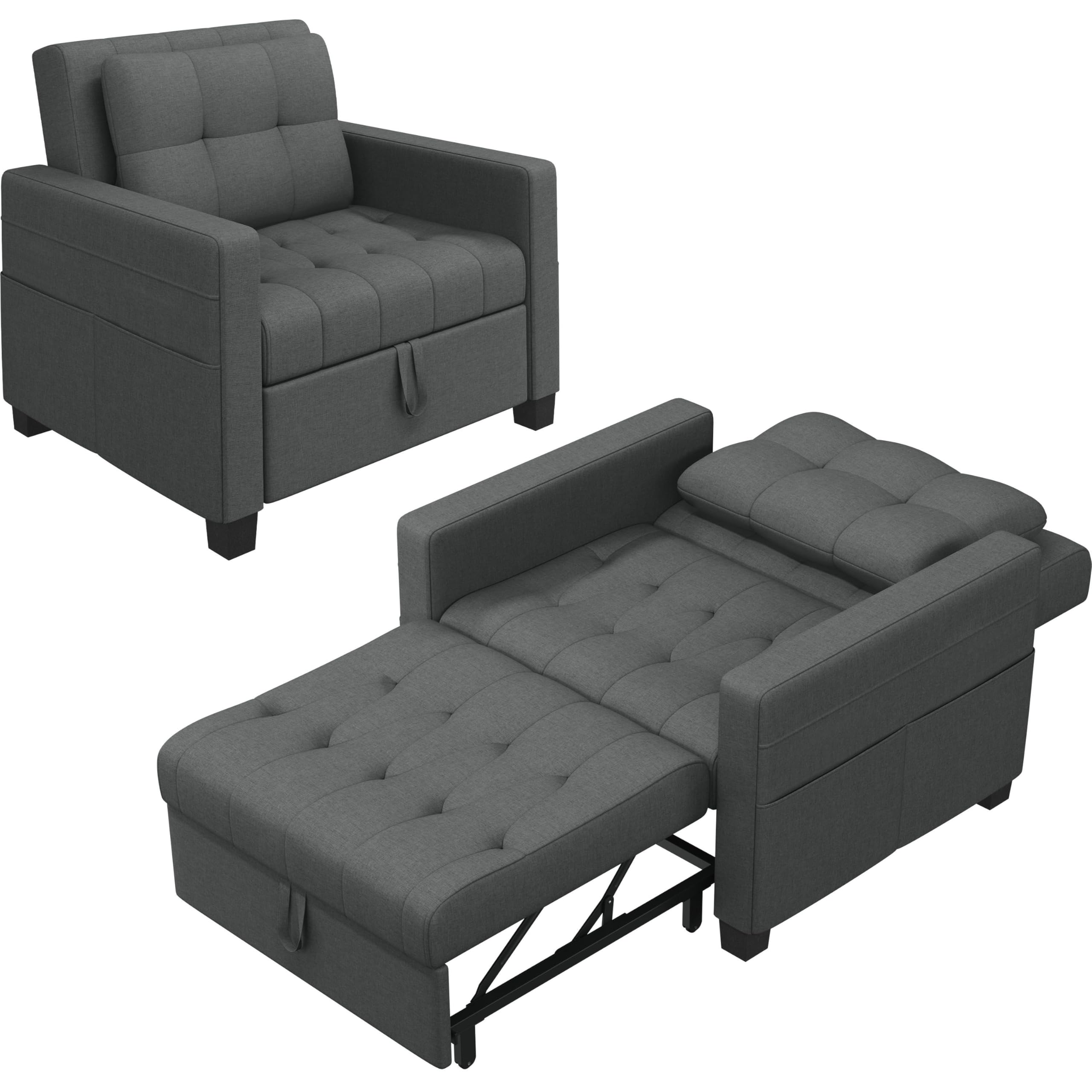Yaheetech Divano Letto 3 in 1 Imbottito Divanetto Singolo con Schienale Regolabile Divano a 1 Posto per Soggiorno Camera da Letto Poltrona Pieghevole Ufficio Appartamento Grigio Scuro