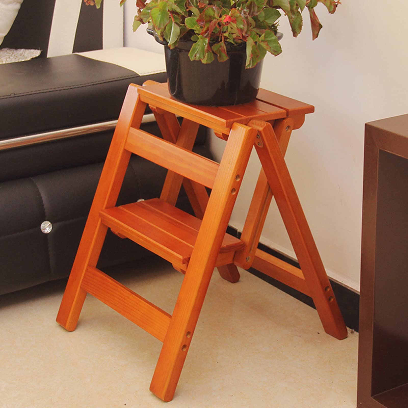 ZGYOZMNG Indoor Climbing Stool, Folding Wooden Ladder Stool 2 Step Wooden Portable Stepladder Step Stool for Household Kitchen Bathroom Milti-Fuction Safety Household Ladder Chair