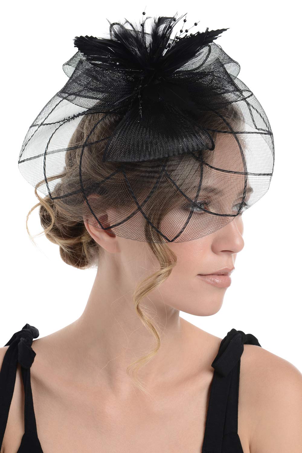 Zac's Alter Ego Lace & Net Fascinator with Feathers on Clip or Aliceband