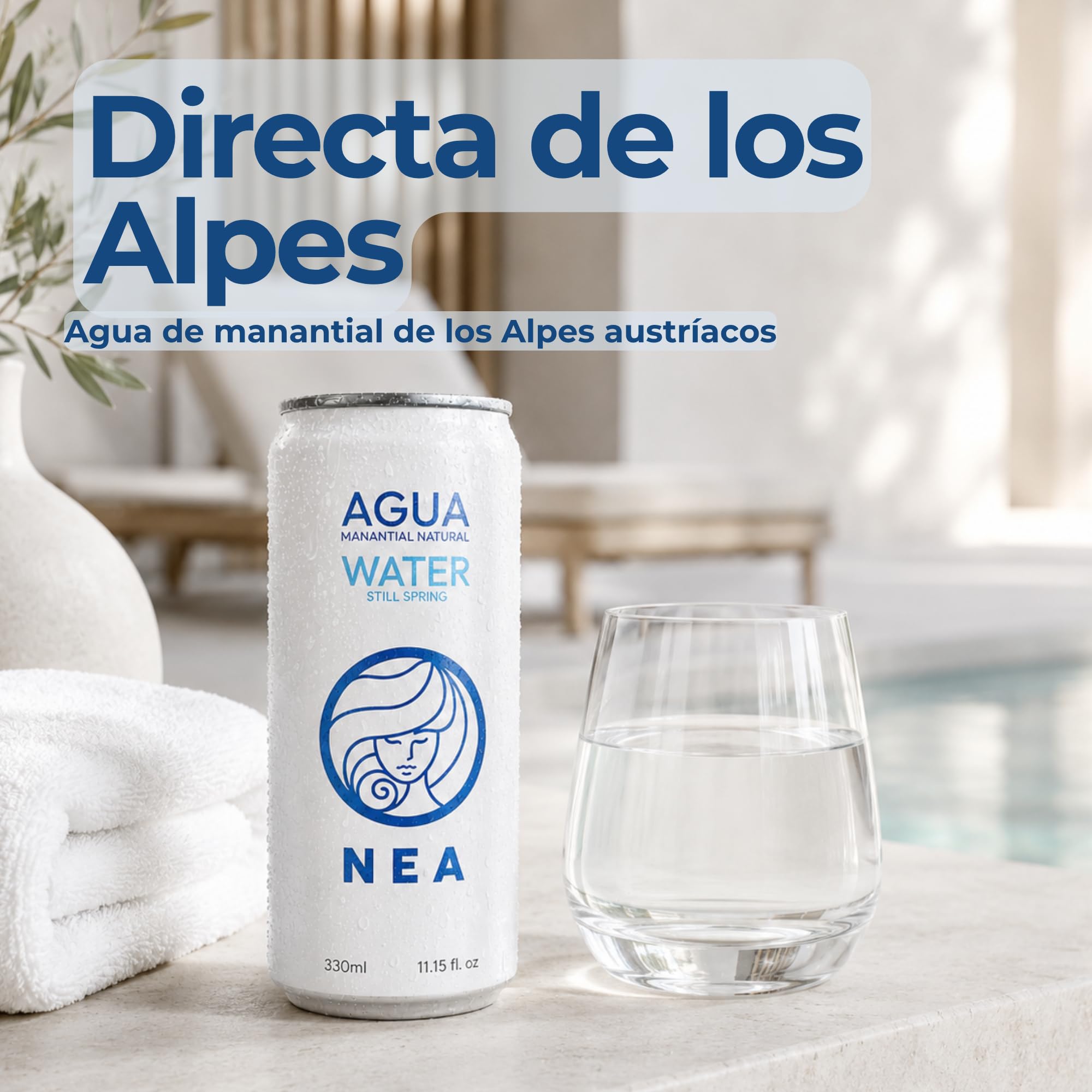 NEA Agua de Manantial en Lata - Manantial Alpes Austríacos - Pack 24 Latas 33cl - Aluminio Sin Plástico BPA Free - Sin Retrogusto Metálico - Hidratación Responsable