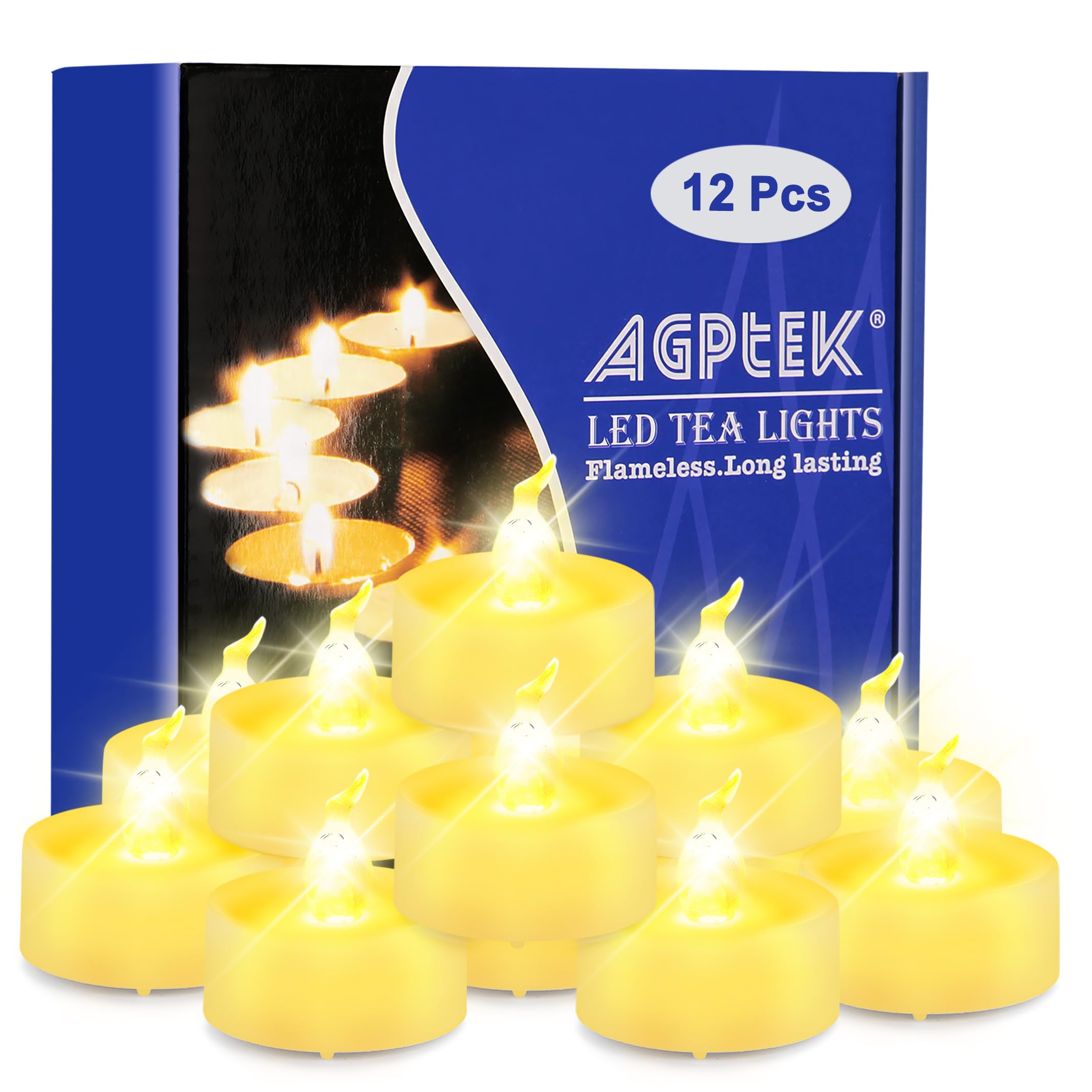 AGPTEK 12 Stück LED Teelichter mit Timer, flackernde warmweiße LED Teelichter mit Timerfunktion 6 Stunden an und 18 Stunden aus, 12er Pack flammenlose batteriebetriebene Kerzen für Haus Dekoration