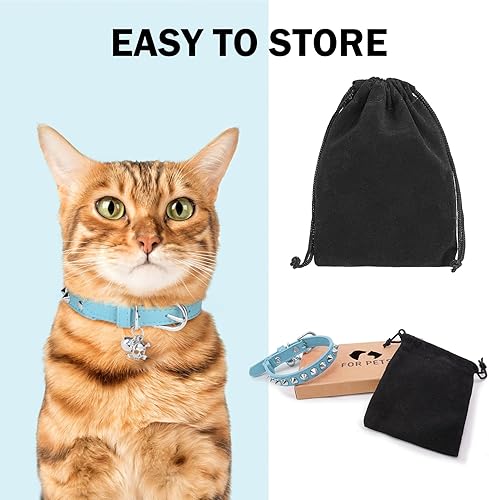 Miniatura 6 de Collares de cuero para gatos con campana y cinturón elástico de seguridad, remaches personalizados, collar de hebilla segura ajustable con dije de