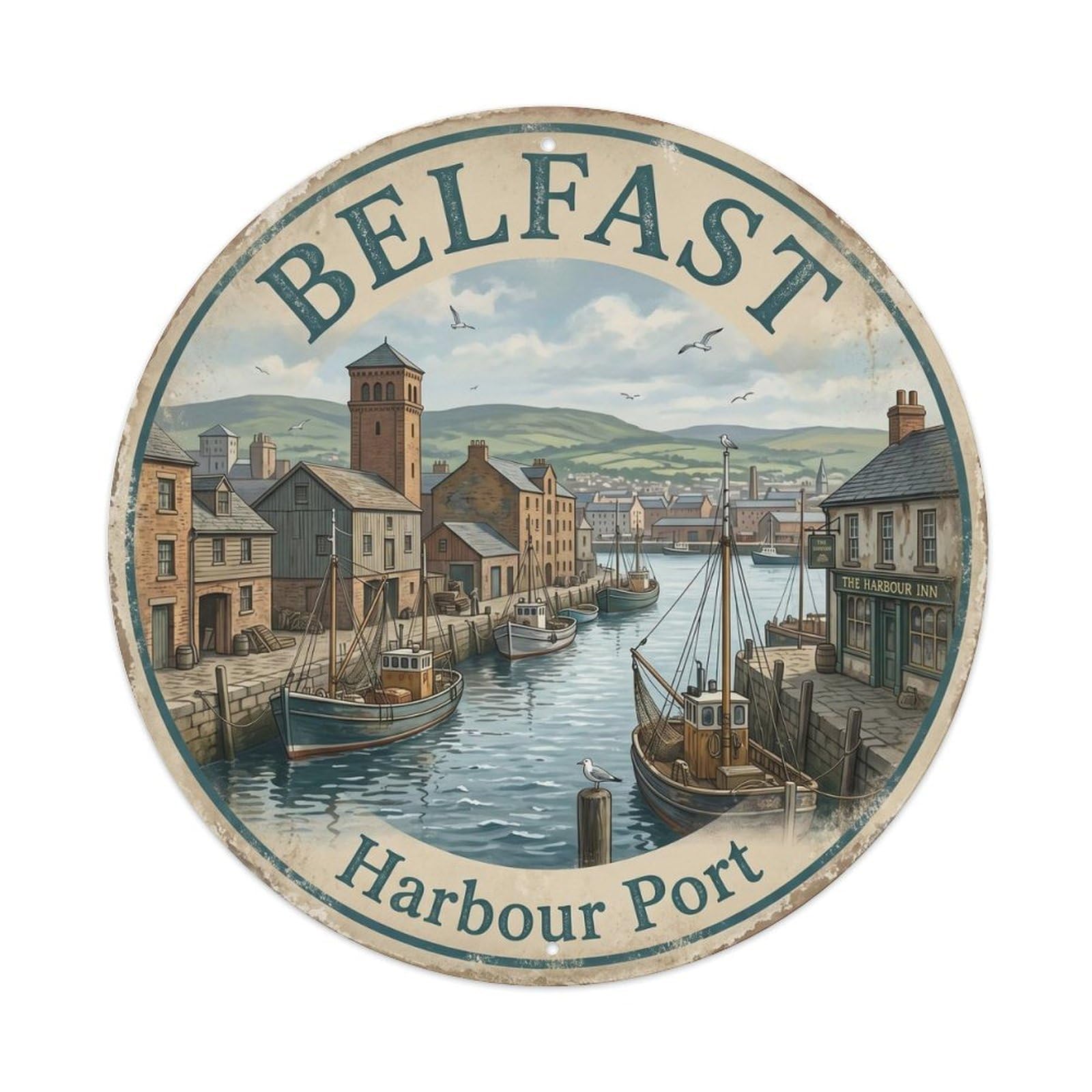 Belfast Harbour Port Historic Travel Cartography Cityscape Metal Tin Sign Plaque Wall Decor for Cafe, Man Cave, Club Bar, Office, Home Garden Round Metal Poster 8x8Inch