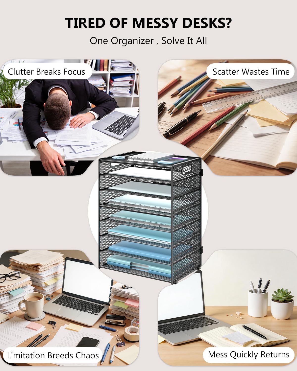 WALI Desk File Organizer, 8 Tier Desktop Paper Letter Tray Organizer with Handle, Office Desk Accessories & Workspace Organizers for Office, Home, School Supplies, 1 Pack, Black view 2