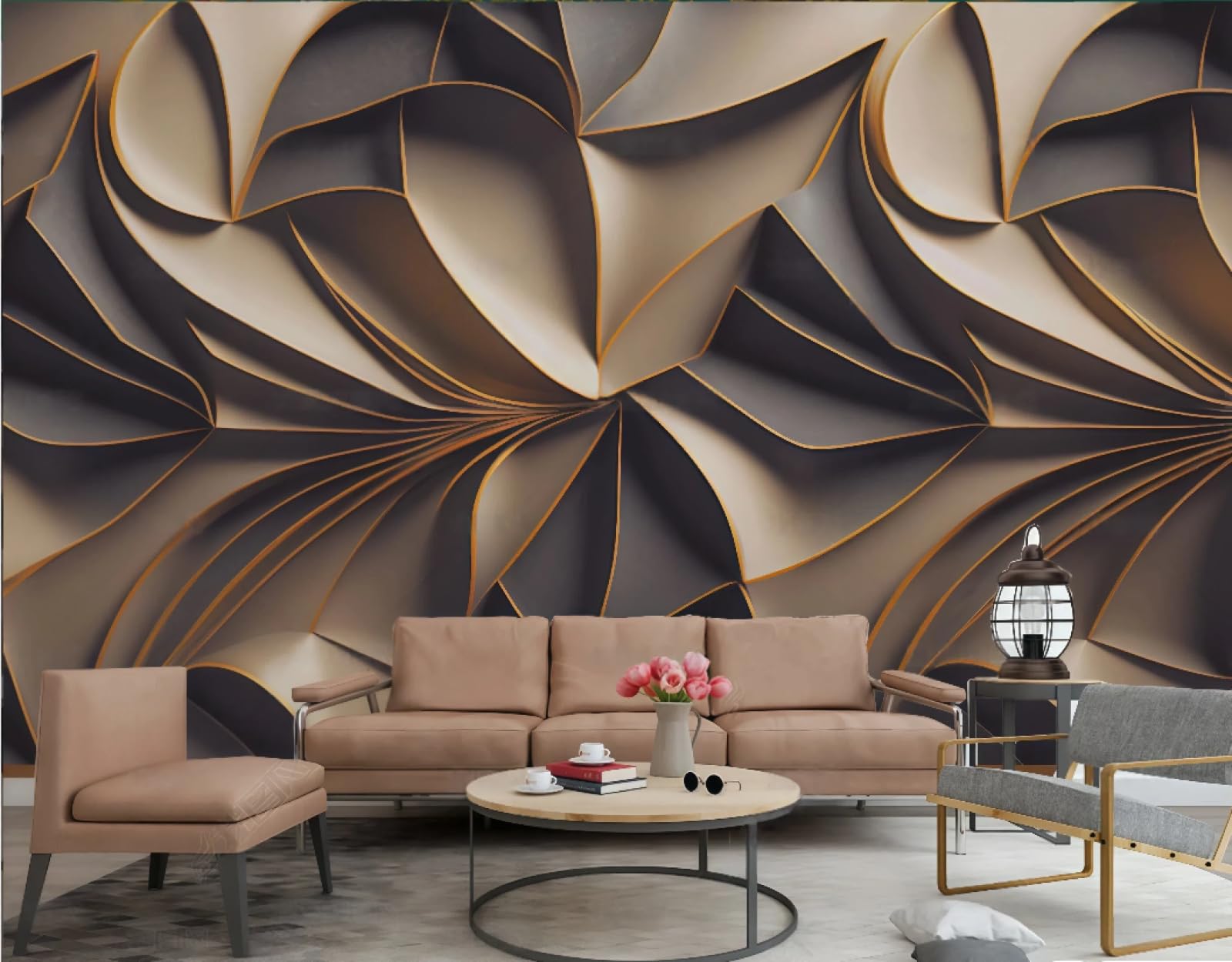 Tapeta sztuka nowoczesna rzeźba złota linia fala relief abstrakcyjny marmurowy wzór TV sofa tło tapeta ścienna salon restauracja kawiarnia mural, 3D, 430 x 300 cm