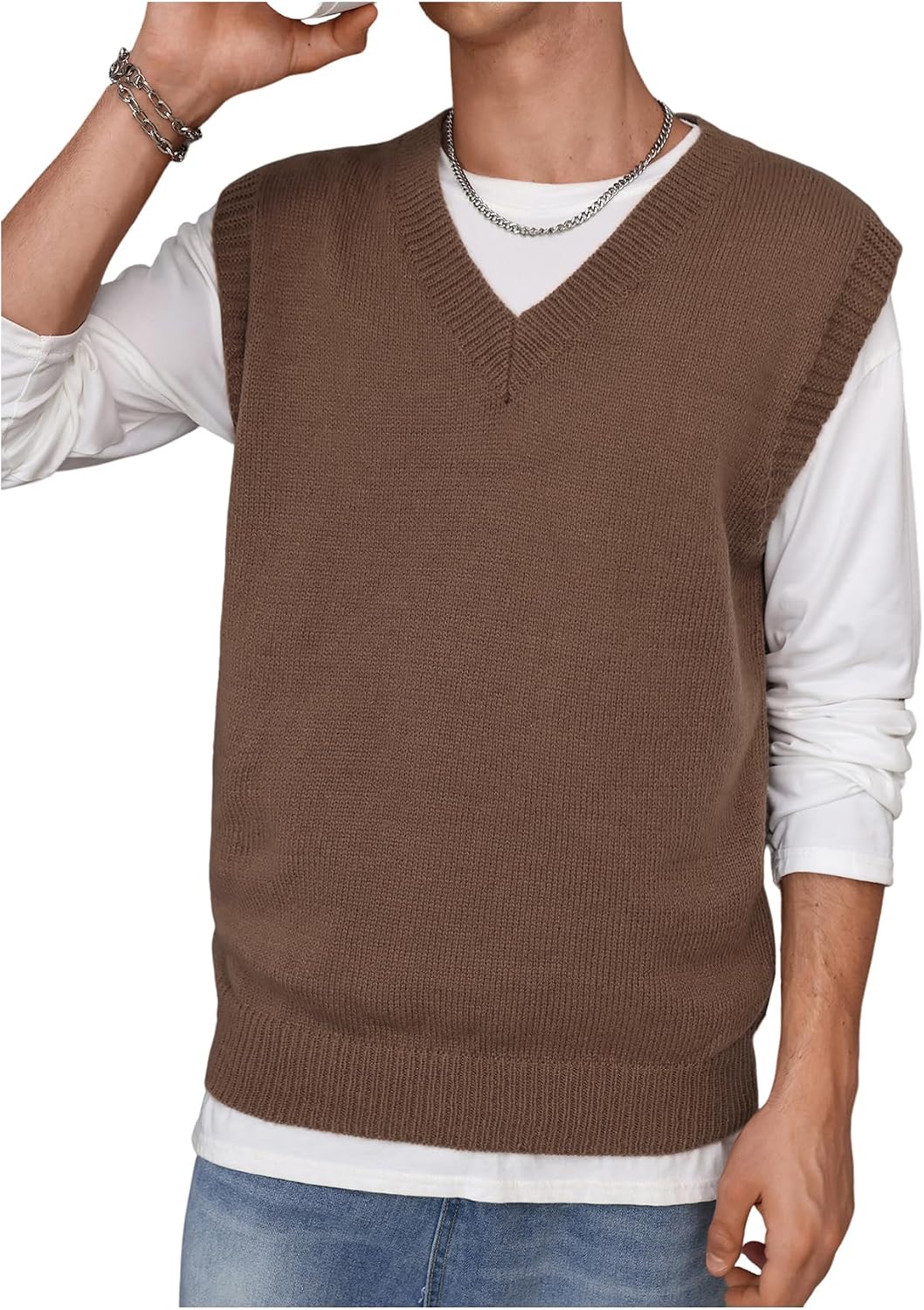 SHENHE Men's V Neck Sleeveless Plain Soft Sweater Vest Pullover Preppy Top