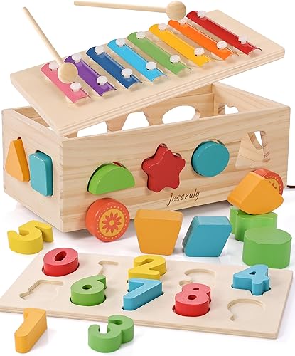 Miniatura 1 de Clasificador de formas  xilófono de madera y rompecabezas de números Montessori para bebés  Juego educativo de clasificación con coche de