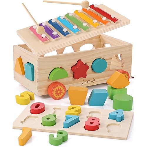 Jessruly Shape Sorter - Wooden Xylophone and Montessori Number Puzzle Set for Babies - Educational Sorting Game with Storage Car for Toddlers