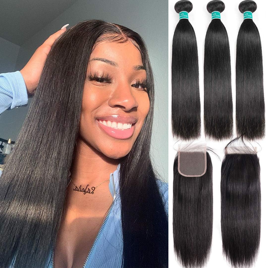 ALI GRACE Straight Bundles with Closure Brazilian HUman Virgin Hair 3 Bundles With 4x4 Lace Closure Free Part (20 22 24+18）Nature Color For Black Women