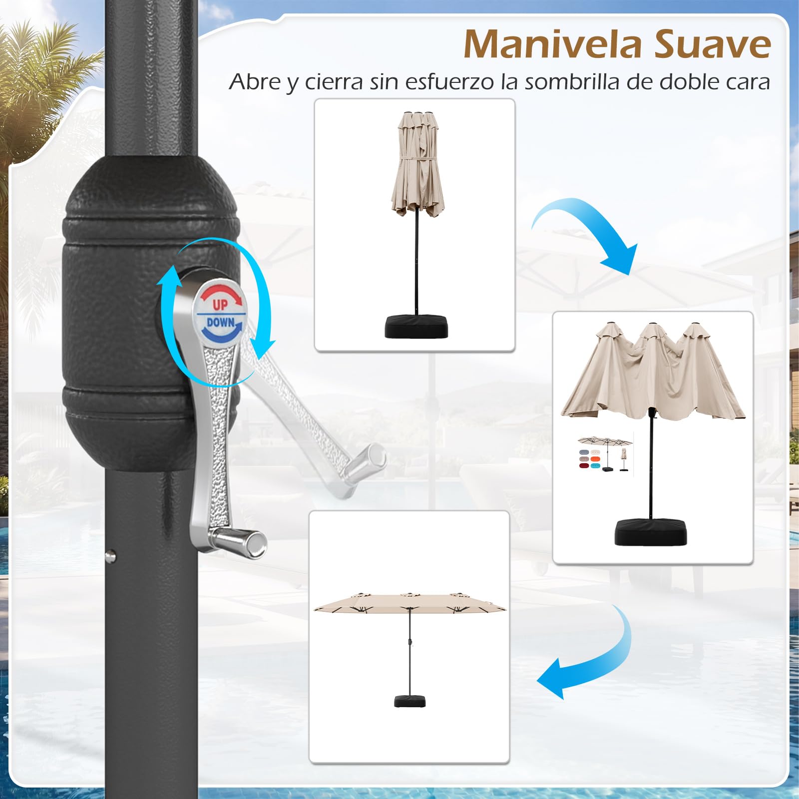 COSTWAY Sombrilla Doble Terraza Exterior 400 x 200 cm, Parasol Jardin Grande con Base Rellenable, Manivela, 12 Varillas, Sombrilla de Patio