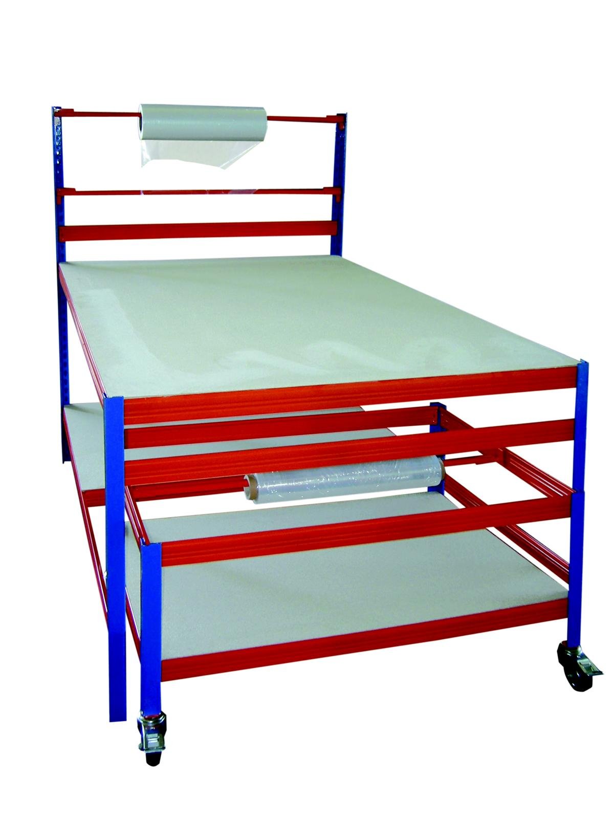 Profi-Verpackungsstation 2, HxBxT: 150x180x120 cm, 300 KG/Holzboden, inkl. Rollwagen 55x80x120 cm, blau/orange (Packtisch Rollenhalter Arbeitstisch Werktisch)