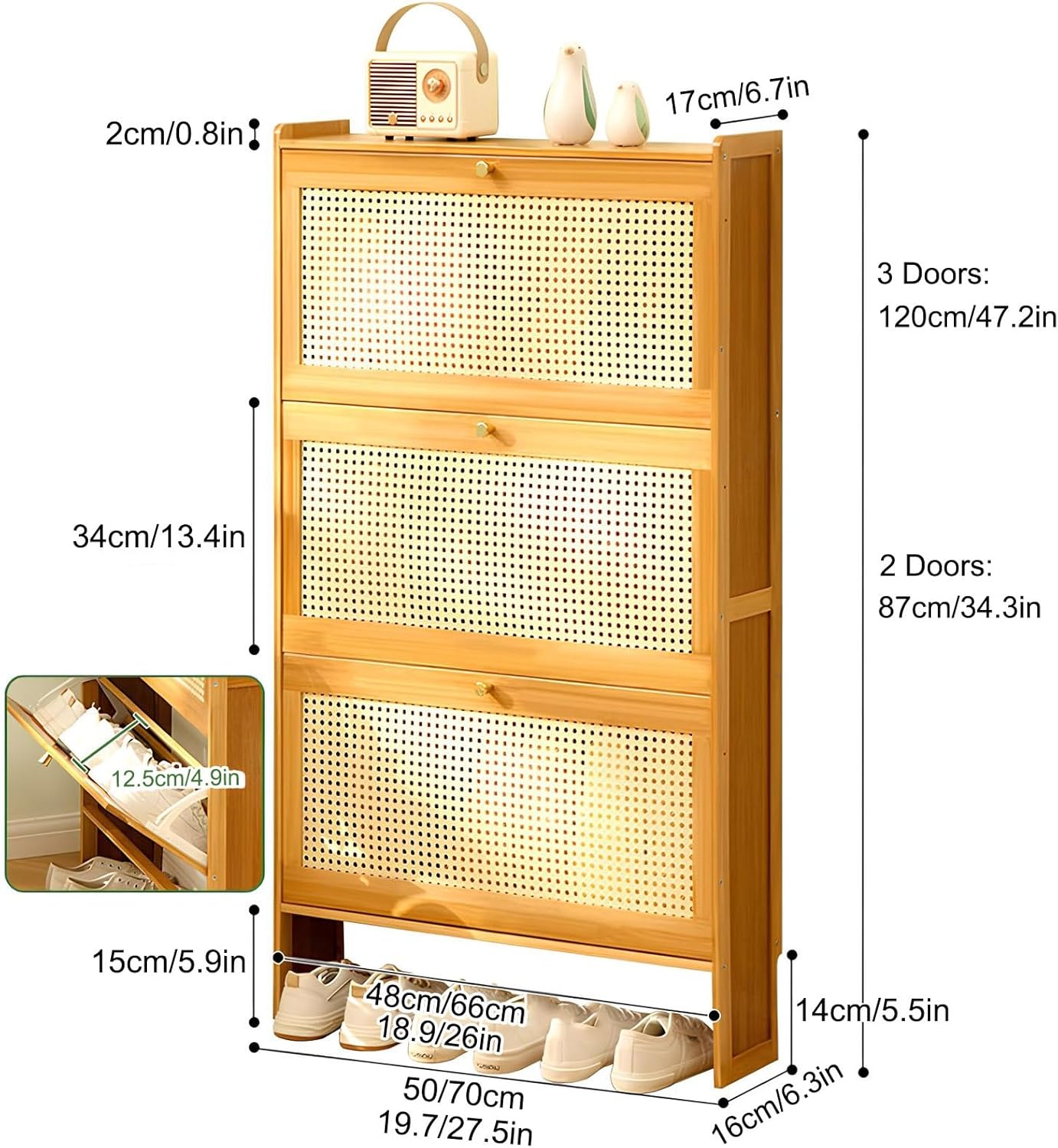 Ultra Slim Shoe Cabinet, 2/3 Tier Bamboo Free Standing Shoe Cabinet with Flip Doors, Modern Shoe Storage Cabinet, Narrow Shoe Rack for Entryway, Living Room(B,2 Doors-50cm/20in)