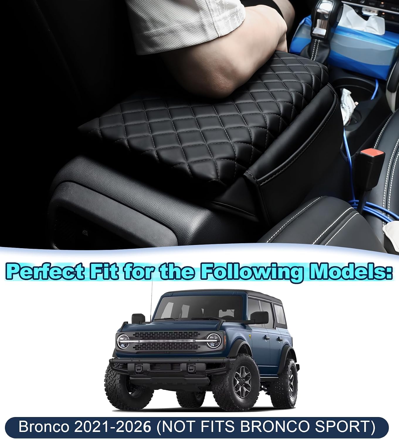 Armrest Cover for Ford Bronco 2021-2025 2026 Center Console Pad with Organizer Storage Pockets, Black Faux Leather Arm Rest Lid Protector Cushion Interior Accessories 2/4 Door (for Bronco)