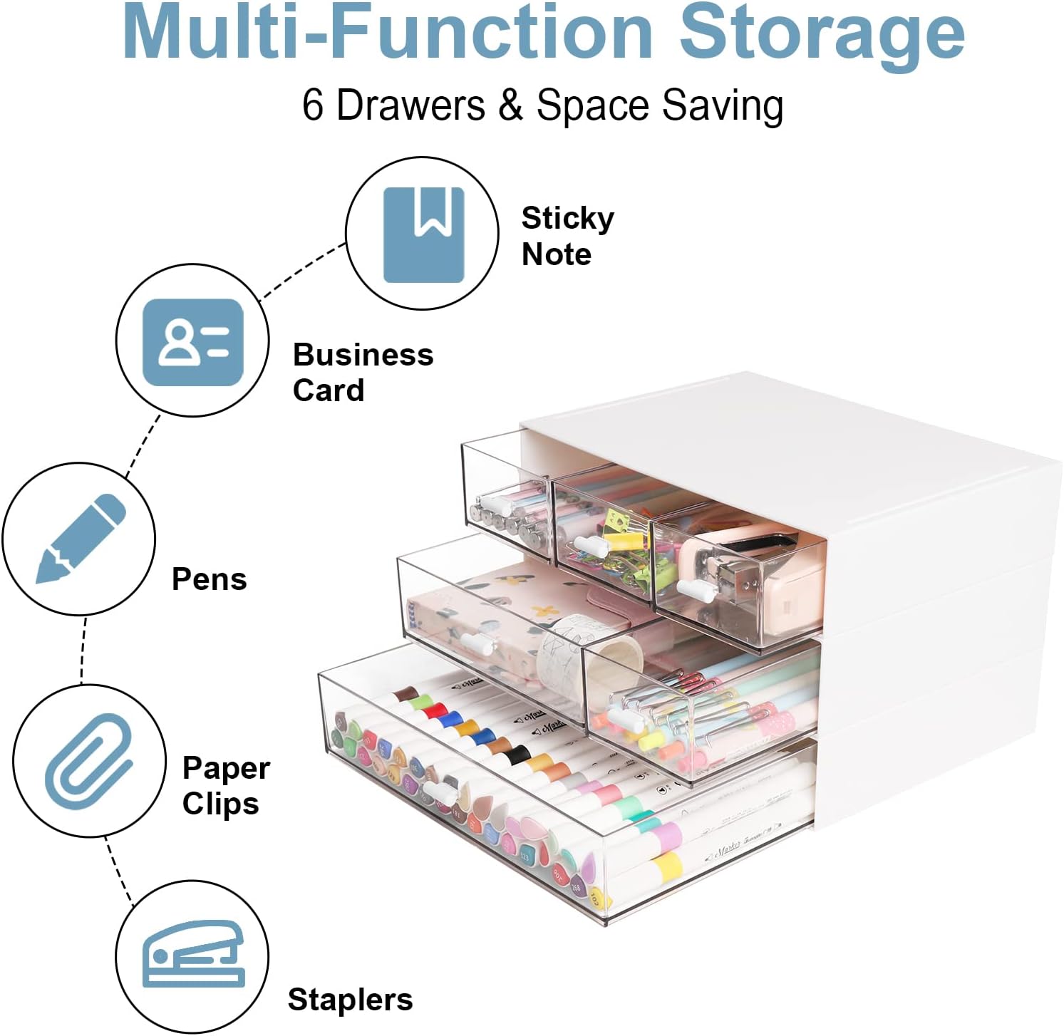 Comix Desk Organizer with 6 Drawers, Rectangular Desktop Drawers, Plastic Makeup Storage, Desk Organizer and Accessories, Detachable Design, Suitable for Office, School, Home (White)