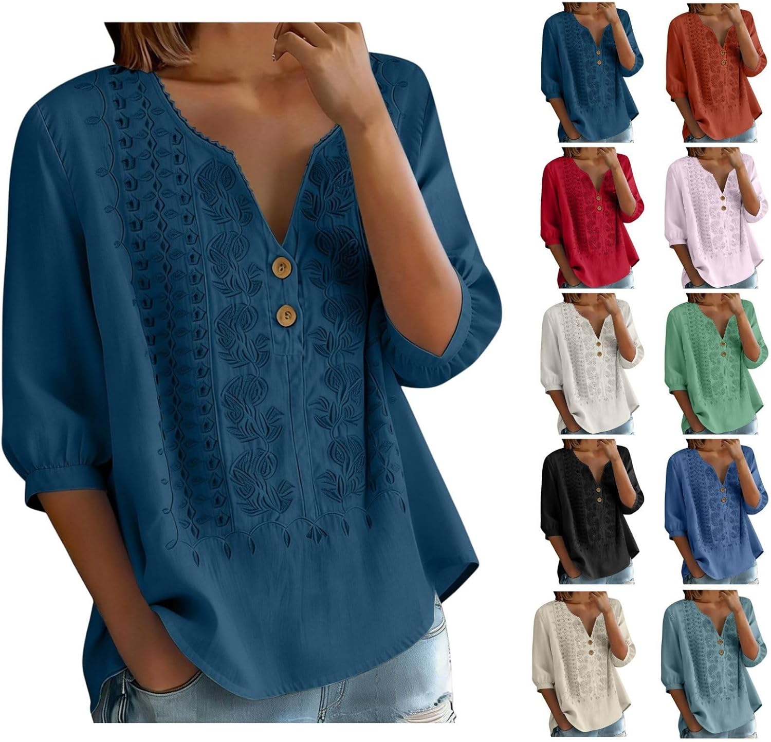 Embroidered Linen Shirts for Women - v Neck 3/4 Sleeve Length Boho Tops Plus Size Tunics Summer Dressy Casual Blouses