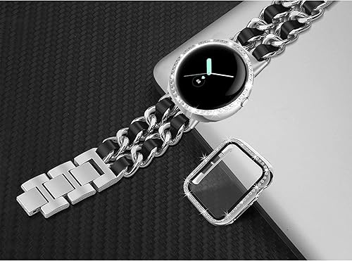 Vista 5 de Bandas de metal de acero inoxidable compatibles con Google Pixel Watch Bandas para mujer (plata)