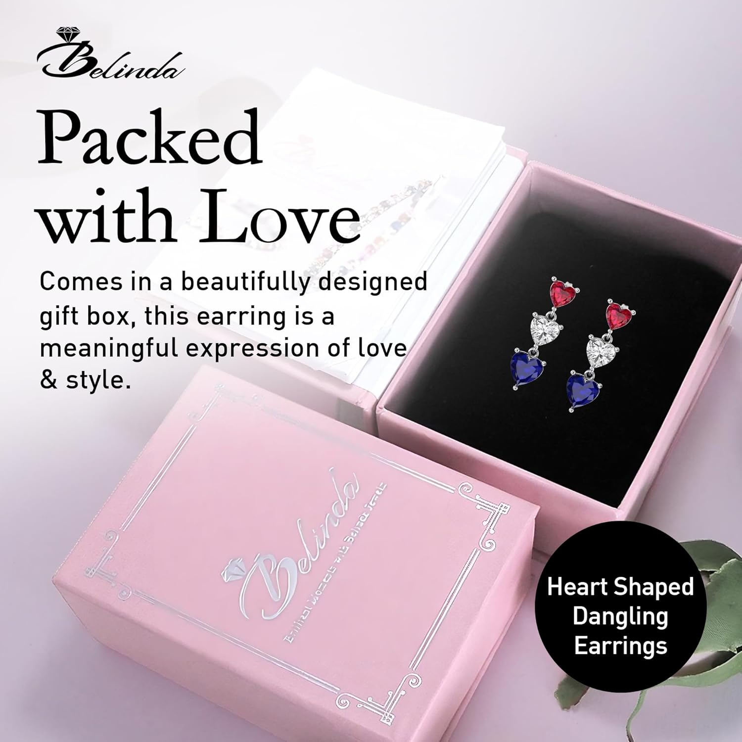 925 Sterling Silver Earrings Rhodium Plated, Fourth of July Accessory American Flag Themed, Patriotic Red, White, Blue Heart Shaped Gemstone Dangling Earrings for Women Ideal Memorial Day Jewelry Gift