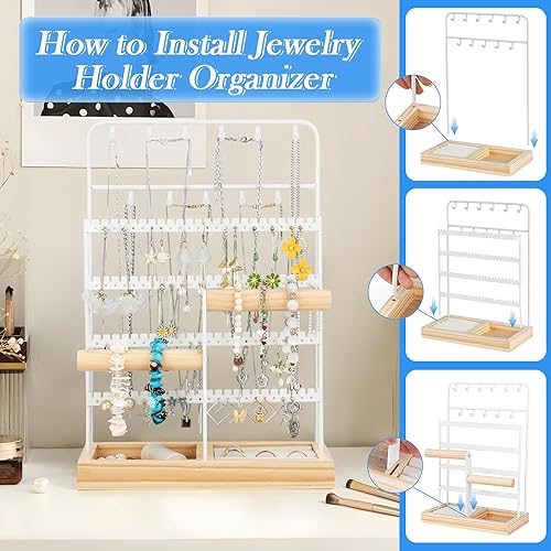 Miniatura 4 de Jewelry Organizer, Earring Holder Organizer Jewelry Stand with Tray, 8-Tier Jewelry Display Rack with 13 Hooks for Necklace Bracelet, 96 Holes for