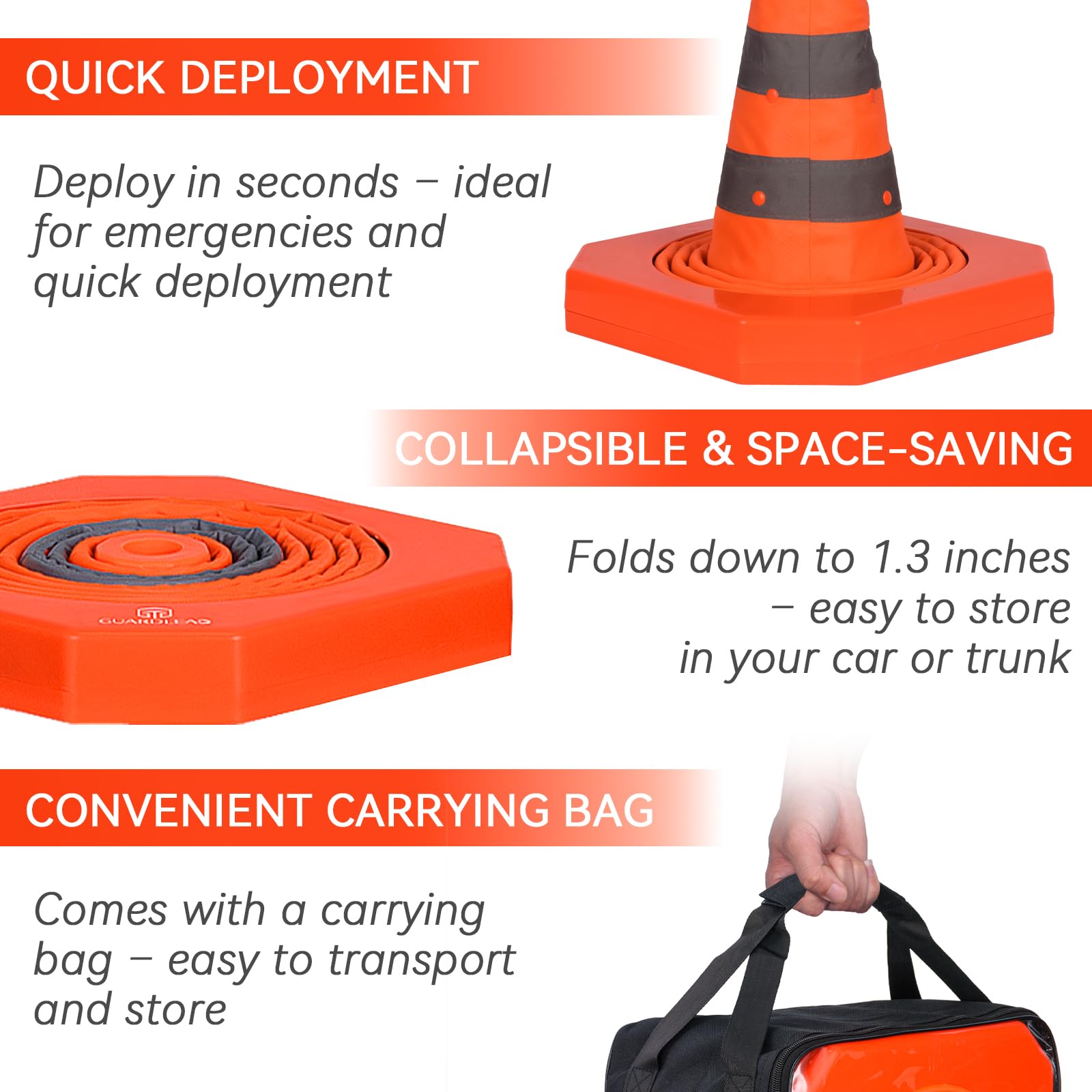 Coni di sicurezza con base ponderata di 70 cm segnalazione pieghevoli - coni di avvertimento di emergenza - per parcheggio stradale e costruzione (4, 70 cm)