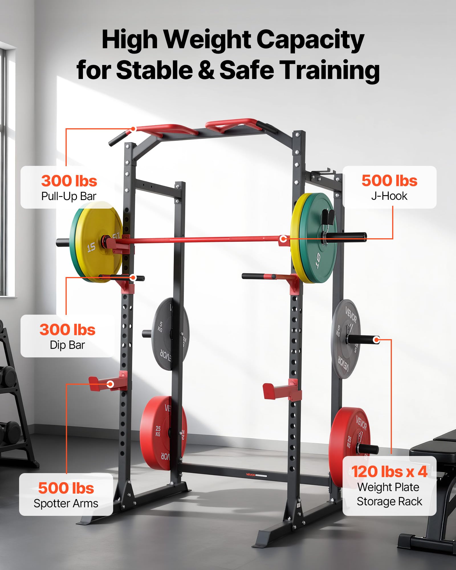 VEVOR Power Cage Power Rack, multifunktionales Squat-Rack mit Verstellbarer Höhe, Heimfitnessgerät für Krafttraining mit J-Haken & weiteren Fitnessaufsätzen für Bankdrücken Klimmzüge Dips