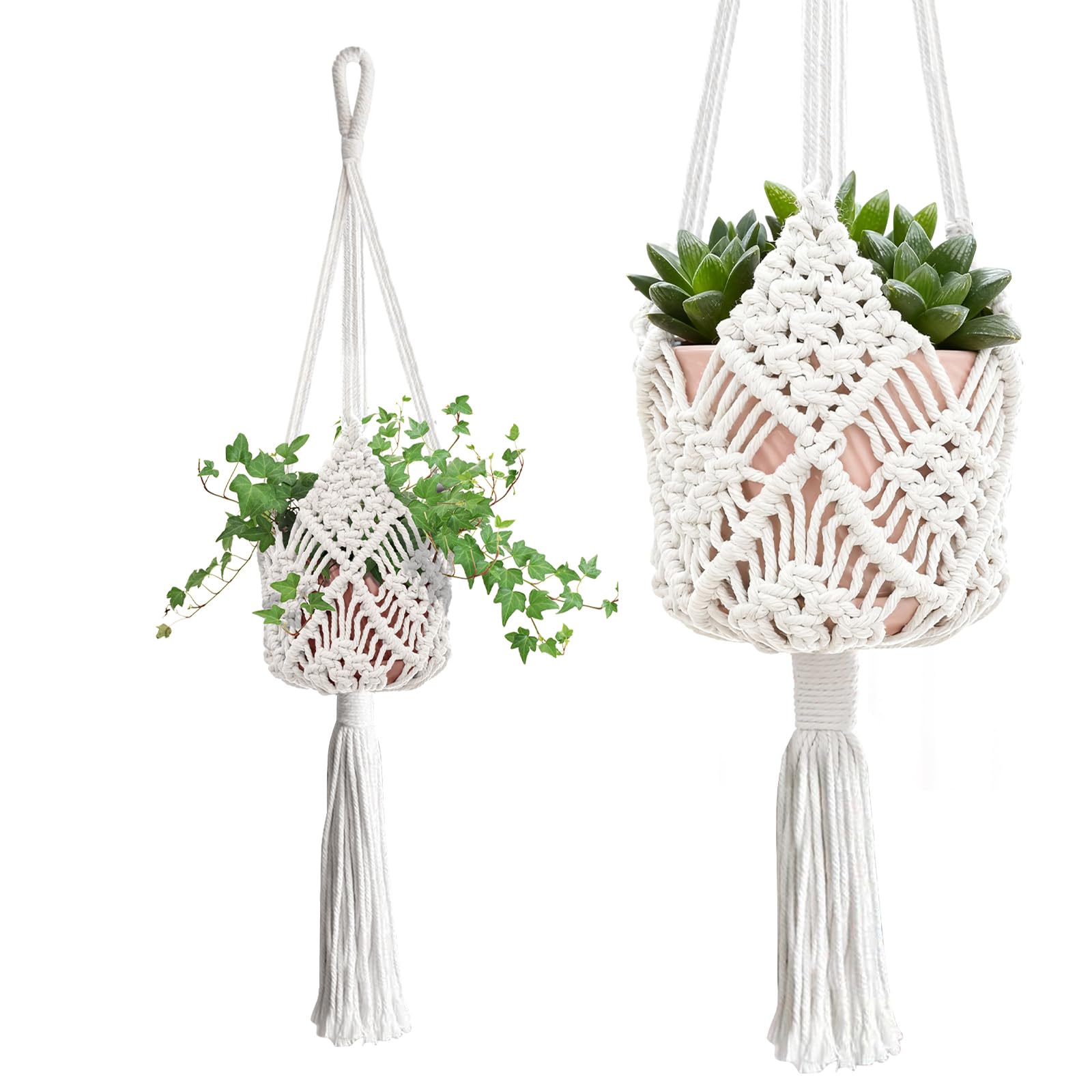 Lucxhcky 2 Pack All Cotton Macrame Plant Hangers, Boho Patterned Hanging Planter for Indoor Outdoor Pots, Includes Easy Setup Assistance Loops (White)